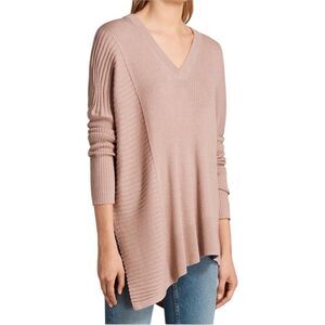 All Saints Keld Olivo Asymmetric V-Neck Ribbed Sweater Pink Size XS
